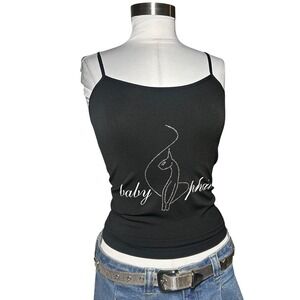 Baby Phat Black Rhinestone Cat Logo Cami Tank Top One Size Fits Most Y2K McBling